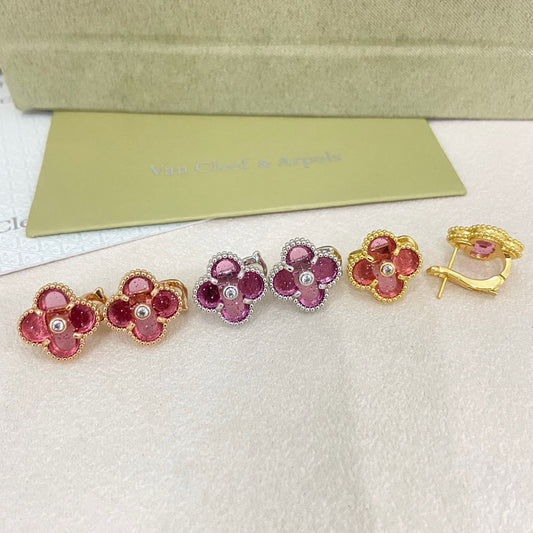 [⭐Shinejoy]2026 NEW  CLOVER 1 MOTIFPINK ENAMEL STUD EARRINGS WITH DIAMONDS2