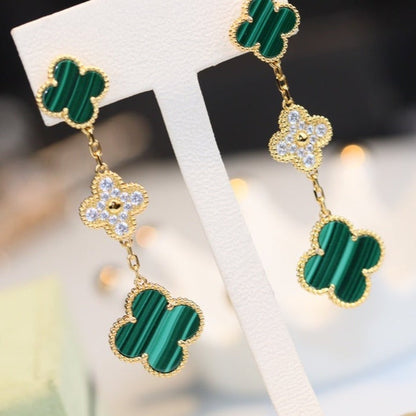 [⭐Shinejoy]CLOVER EARRINGS GOLD MALACHITE DIAMOND 3 MOTIF