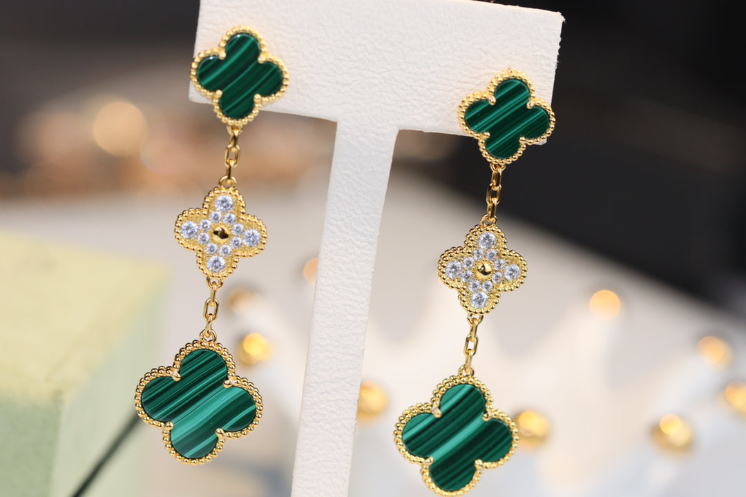 [⭐Shinejoy]CLOVER EARRINGS GOLD MALACHITE DIAMOND 3 MOTIF