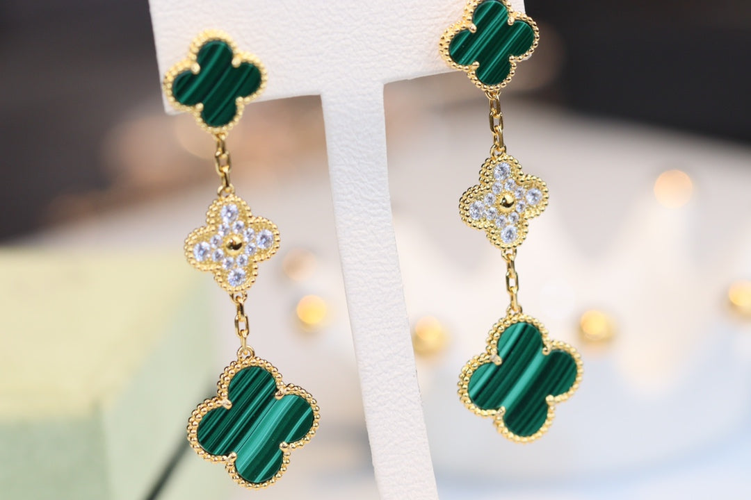 [⭐Shinejoy]CLOVER EARRINGS GOLD MALACHITE DIAMOND 3 MOTIF