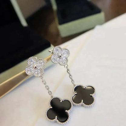 [⭐Shinejoy]CLOVER 2 MOTIFS  DIAMOND ONYX EARRINGS SILVER