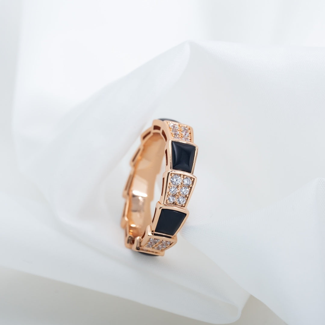 [⭐Shinejoy]SERPENTI RING PINK GOLD BLACK MOP DIAMOND PAVED 4MM
