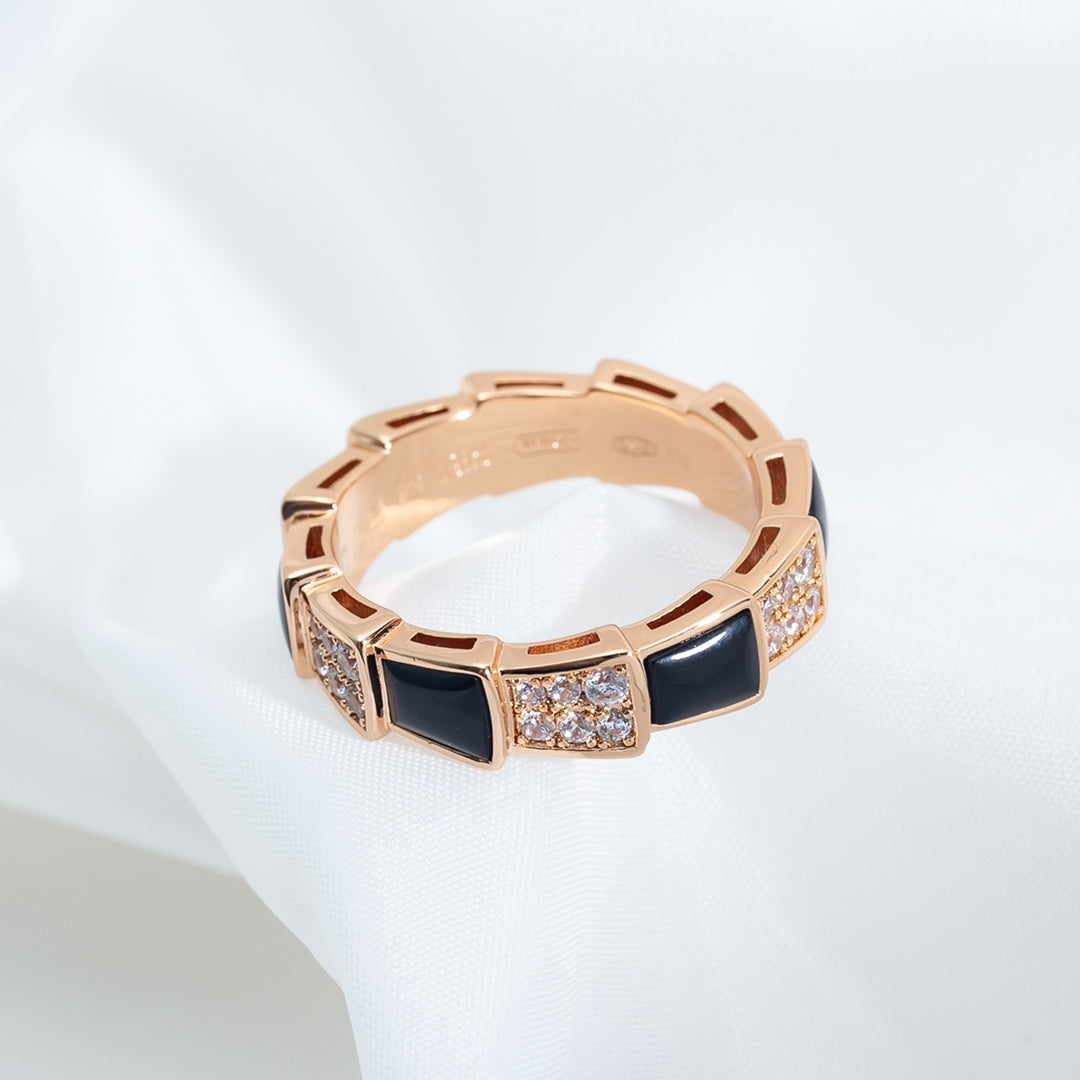 [⭐Shinejoy]SERPENTI RING PINK GOLD BLACK MOP DIAMOND PAVED 4MM