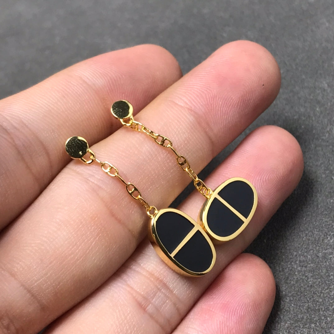 [⭐Shinejoy]CHAINE VERSO BLACK CERAMIC SILVER EARRINGS