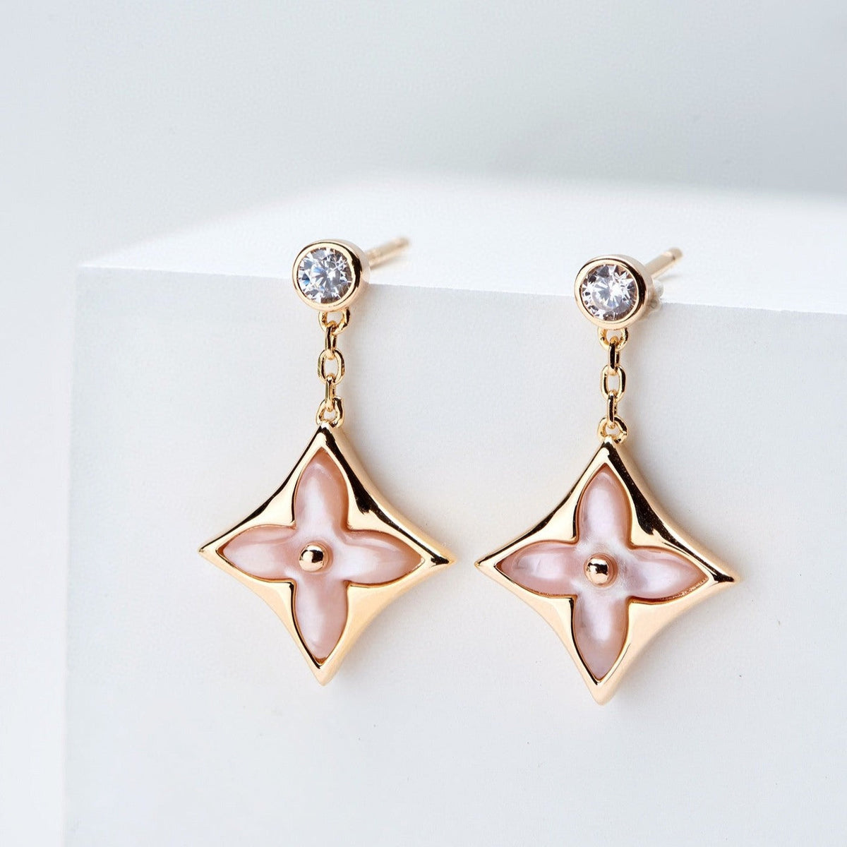 [⭐Shinejoy]DOUBLE STAR PINK GOLD MOP DROP EARRINGS