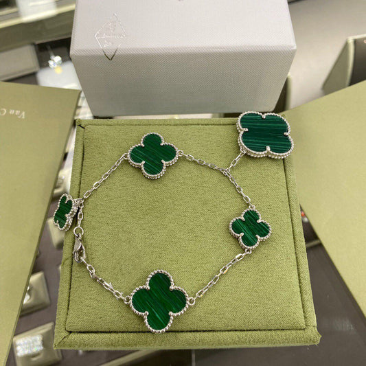 [⭐Shinejoy]CLOVER 5 MOTIFS SIVLER MALACHITE BRACELET