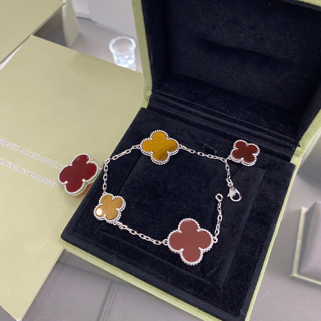 [⭐Shinejoy]CLOVER 5 MOTIFS SIVLER CARNELIAN TIGER EYE BRACELET