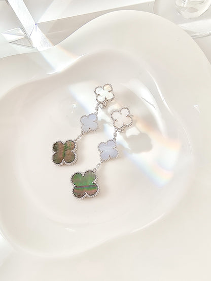 [⭐Shinejoy]CLOVER 3 MOTIFS CHALCEDONY DARK MOP SILVER EARRINGS