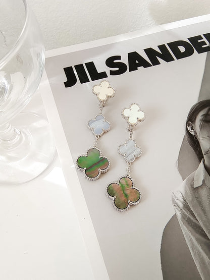 [⭐Shinejoy]CLOVER 3 MOTIFS CHALCEDONY DARK MOP SILVER EARRINGS