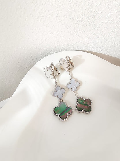 [⭐Shinejoy]CLOVER 3 MOTIFS CHALCEDONY DARK MOP SILVER EARRINGS