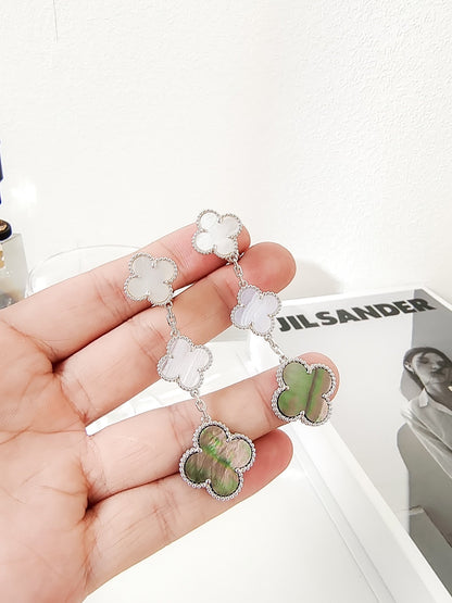 [⭐Shinejoy]CLOVER 3 MOTIFS CHALCEDONY DARK MOP SILVER EARRINGS