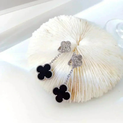 [⭐Shinejoy]CLOVER 2 MOTIFS  DIAMOND ONYX EARRINGS SILVER