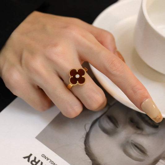 [⭐Shinejoy]CLOVER CARNELIAN RING ROSE GOLD DIAMOND