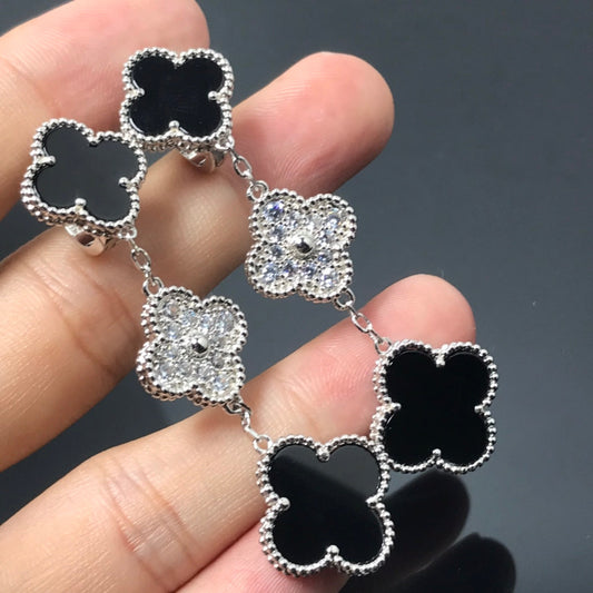 [⭐Shinejoy]CLOVER 3 MOTIF DIAMOND ONYX SILVER EARRINGS
