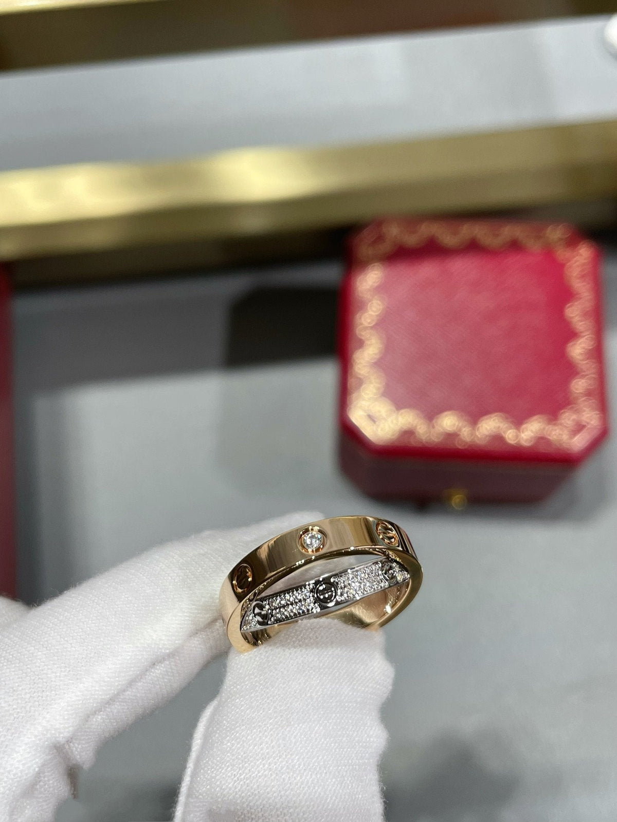 [⭐Shinejoy]LOVE PINK GOLD SILVER DIAMOND DOUBLE RING