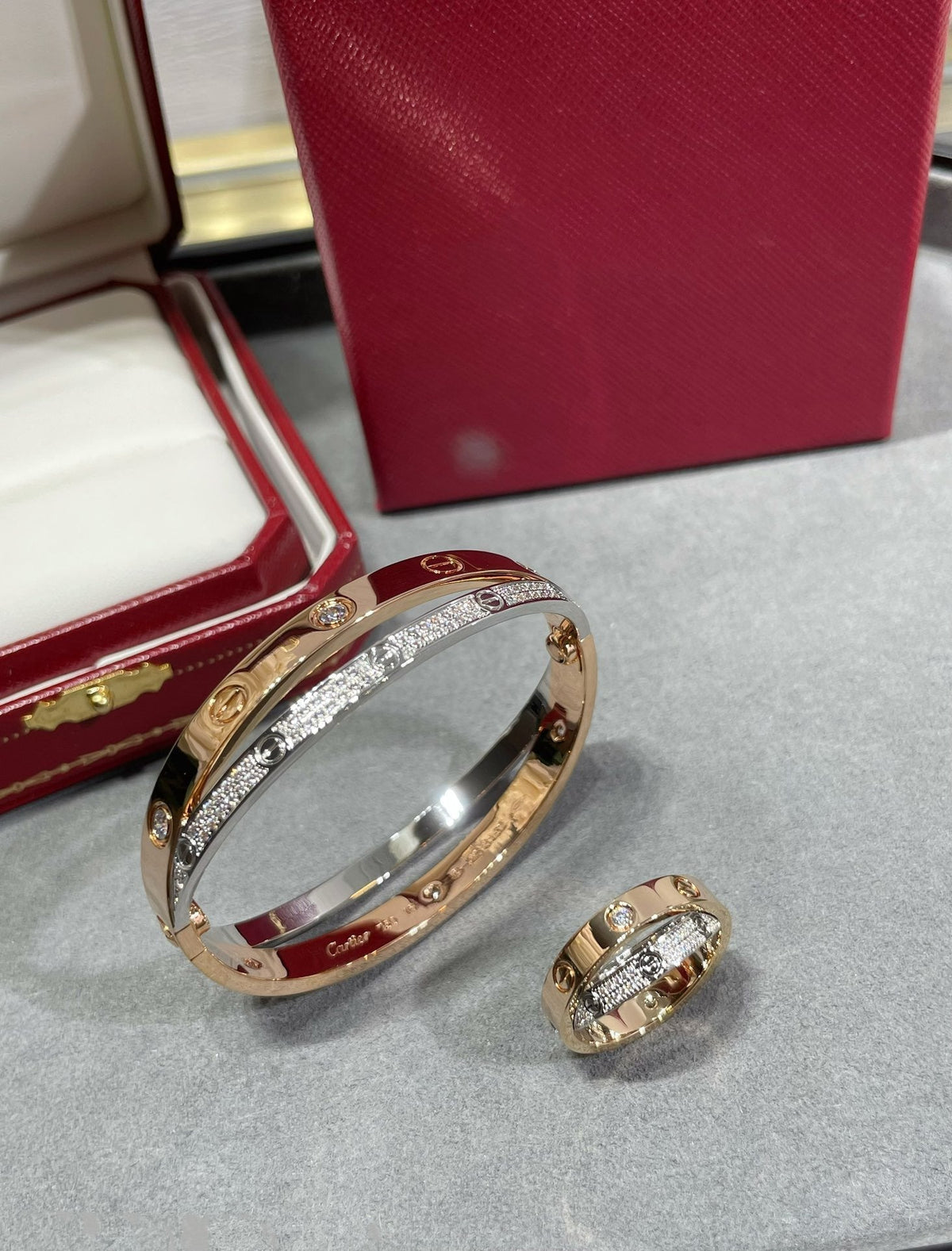 [⭐Shinejoy]LOVE PINK GOLD SILVER DIAMOND DOUBLE RING