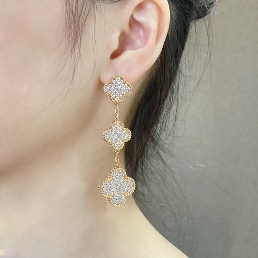 [⭐Shinejoy]CLOVER 3 MOTIFS DIAMOND PAVED ROSE GOLD EARRINGS