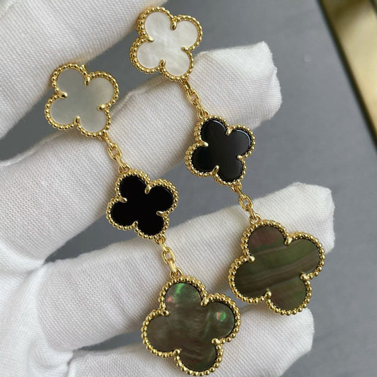 [⭐Shinejoy]CLOVER 3 MOTIF MOP ONYX DARK MOP PINK GOLD EARRINGS