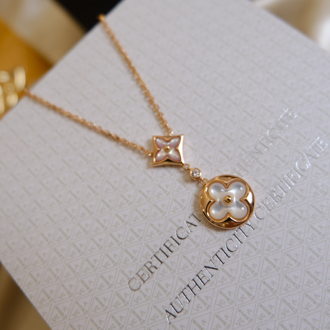 [⭐Shinejoy]STAR AND SUN WHITE MOP 2 MOTIF PINK GOLD NECKLACE