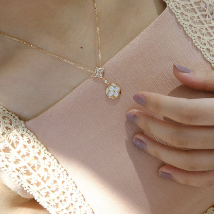 [⭐Shinejoy]STAR AND SUN WHITE MOP 2 MOTIF PINK GOLD NECKLACE