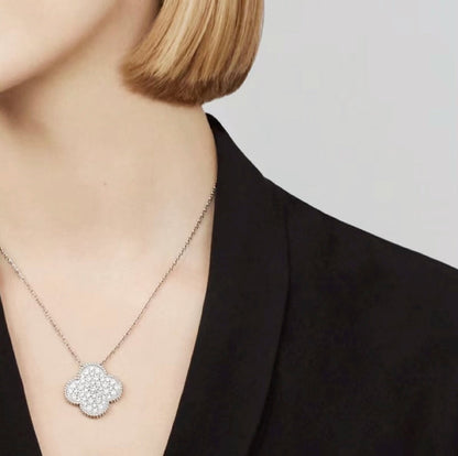 [⭐Shinejoy]CLOVER 25MM LARGE PENDANT DIAMOND PAVED SILVER NECKLACE