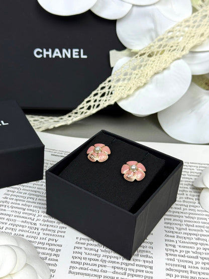 [⭐Shinejoy]26C Pink Camellia Pearl Enamel Stud Earrings