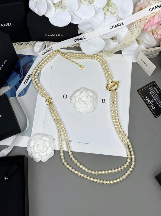 [⭐Shinejoy]25K Pencil Double C Double-Layer Pearl Sweater Chain