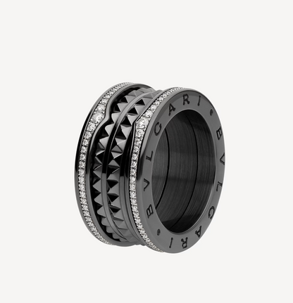 [⭐Shinejoy]ZERO 1 ROCK FOUR-BAND BLACK CERAMIC WITH STUDDED SPIRAL AND PAVED DIAMONDS RING