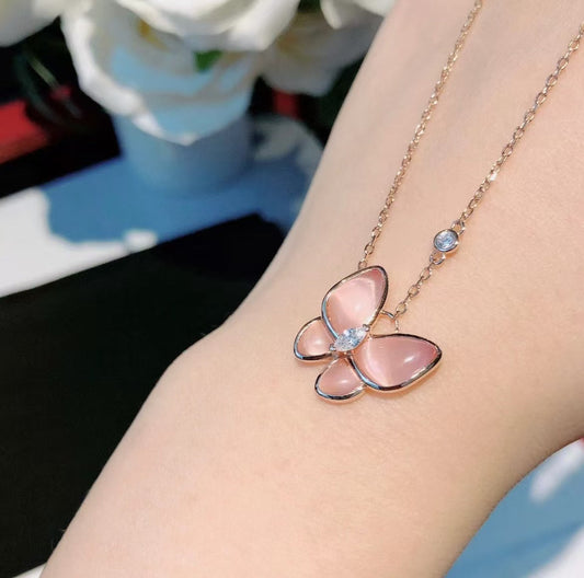 [⭐Shinejoy]BUTTERFLY PINK MOTHER-OF-PEARL DIAMOND NECKLACE