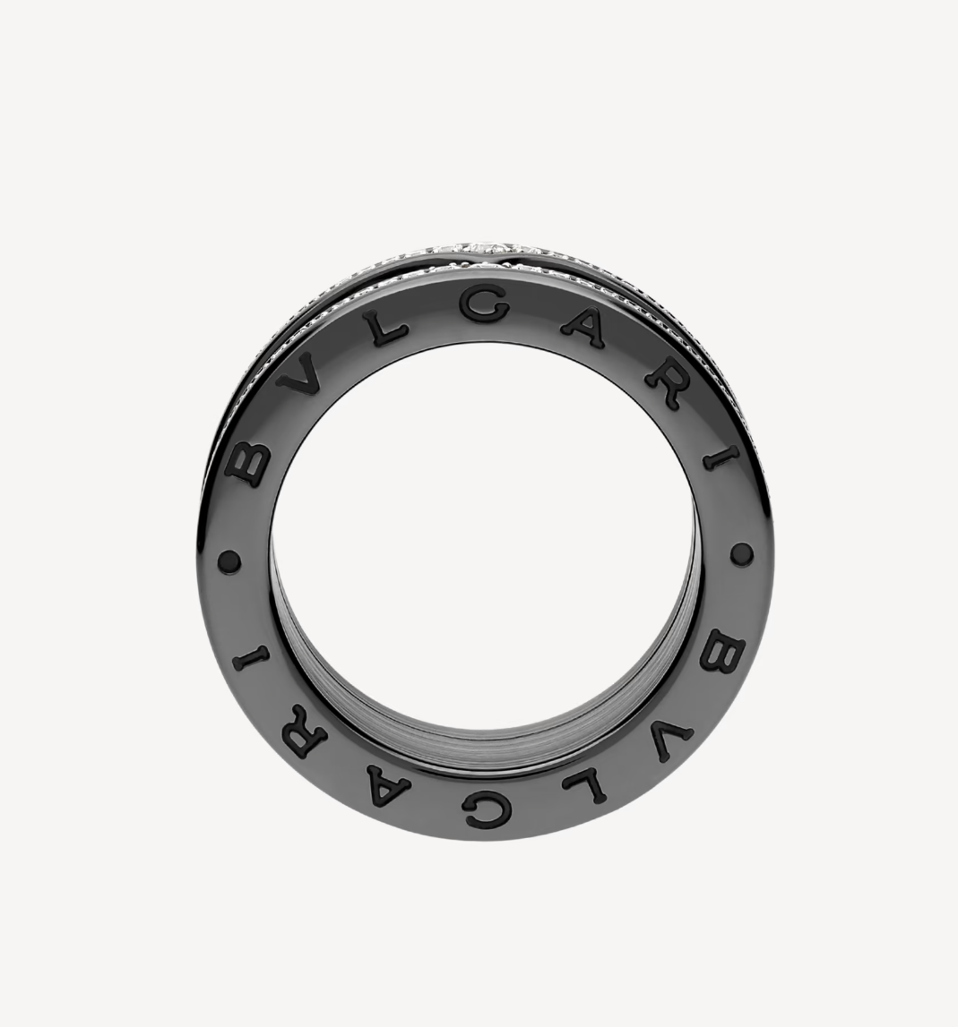 [⭐Shinejoy]ZERO 1 ROCK FOUR-BAND BLACK CERAMIC WITH STUDDED SPIRAL AND PAVED DIAMONDS RING