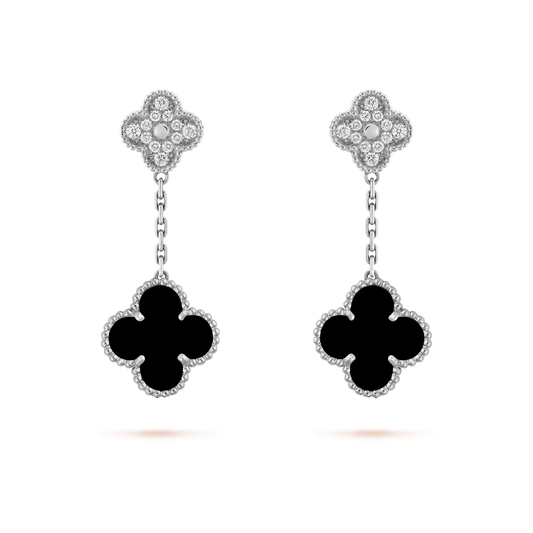 [⭐Shinejoy]CLOVER 2 MOTIFS  DIAMOND ONYX EARRINGS SILVER
