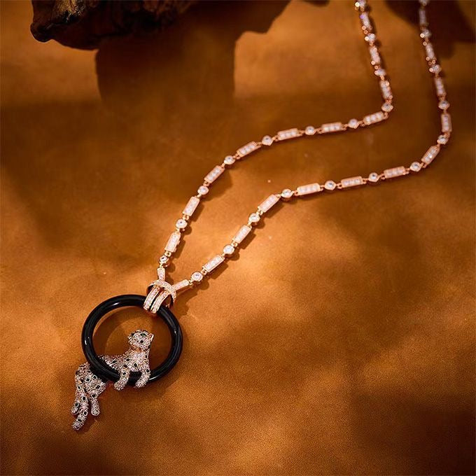 [⭐Shinejoy jewelrys]NEW BLACK CIRCLE PANTHER FULL DIAMOND NECKLACE
