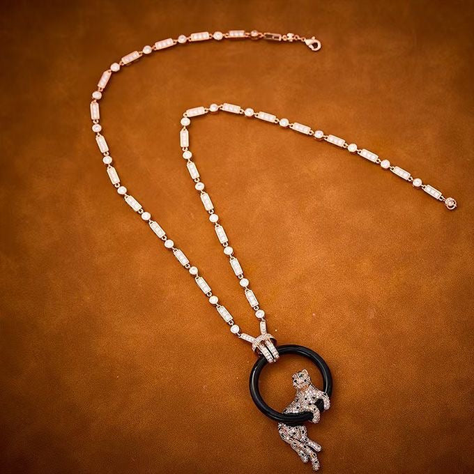 [⭐Shinejoy jewelrys]NEW BLACK CIRCLE PANTHER FULL DIAMOND NECKLACE