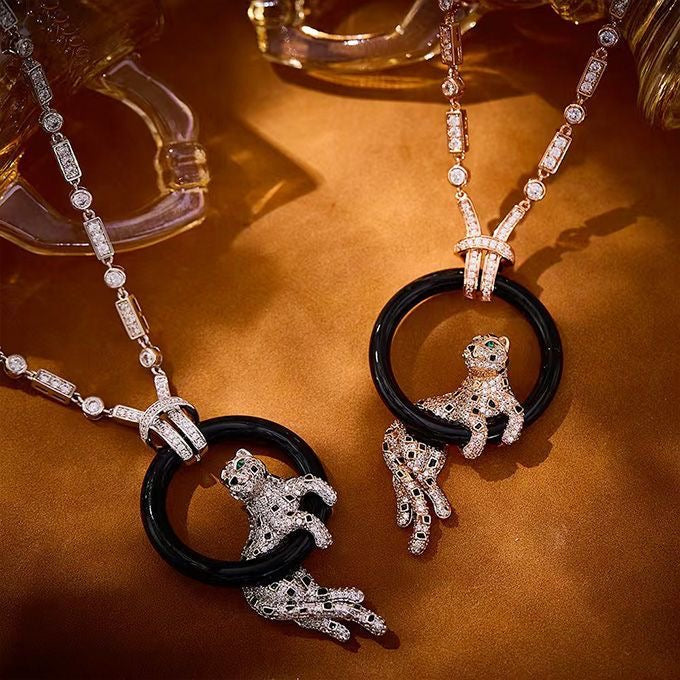 [⭐Shinejoy jewelrys]NEW BLACK CIRCLE PANTHER FULL DIAMOND NECKLACE