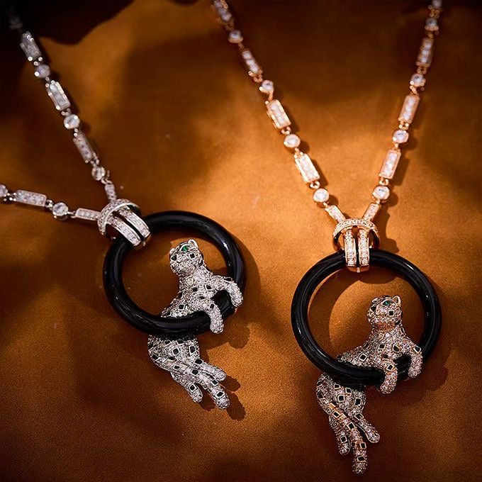 [⭐Shinejoy jewelrys]NEW BLACK CIRCLE PANTHER FULL DIAMOND NECKLACE