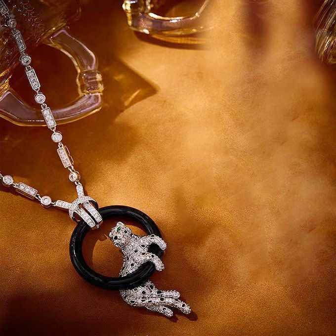 [⭐Shinejoy jewelrys]NEW BLACK CIRCLE PANTHER FULL DIAMOND NECKLACE