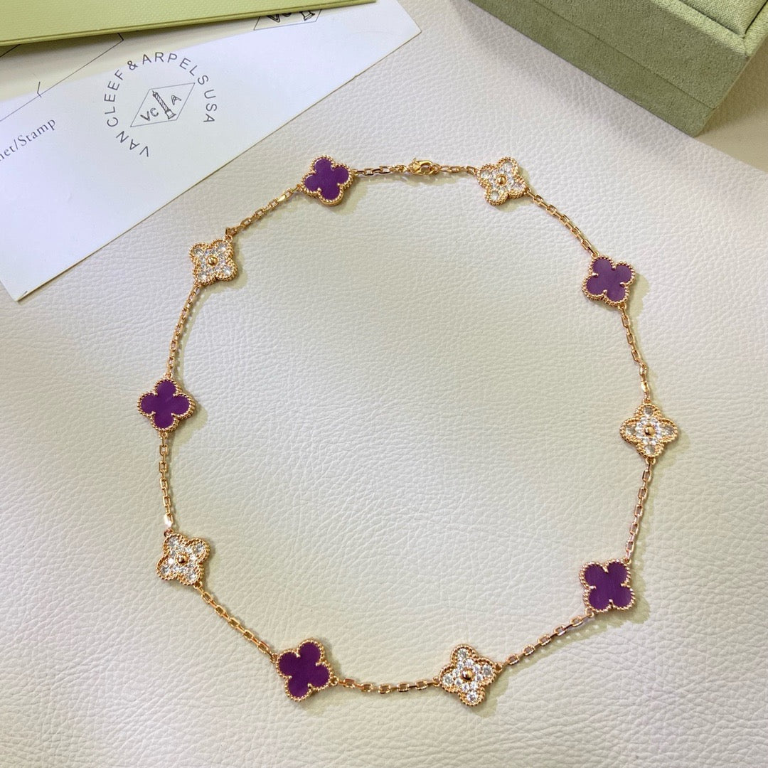 [⭐Shinejoy Jewelry]CLOVER 10 MOTIFS  PURPLE VIOLET DIAMOND NECKLACE