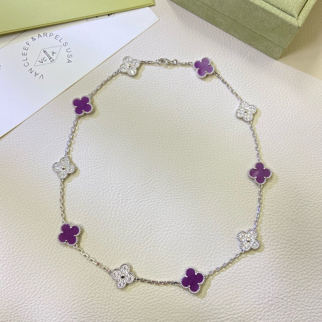[⭐Shinejoy Jewelry]CLOVER 10 MOTIFS  PURPLE VIOLET DIAMOND NECKLACE