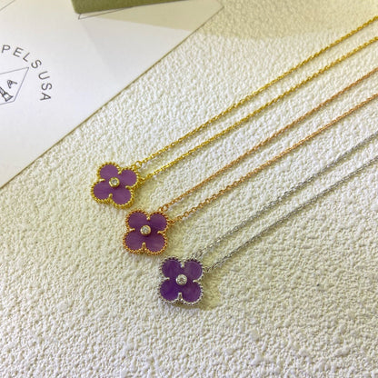 [⭐Shinejoy Jewelry]CLOVER 15MM DIAMOND  PURPLE VIOLET NECKLACE