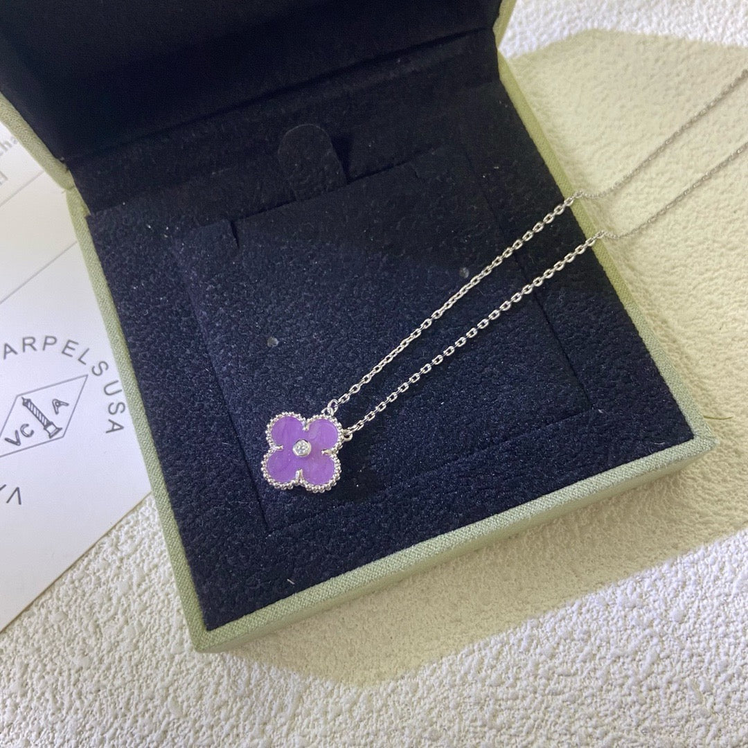 [⭐Shinejoy Jewelry]CLOVER 15MM DIAMOND  PURPLE VIOLET NECKLACE