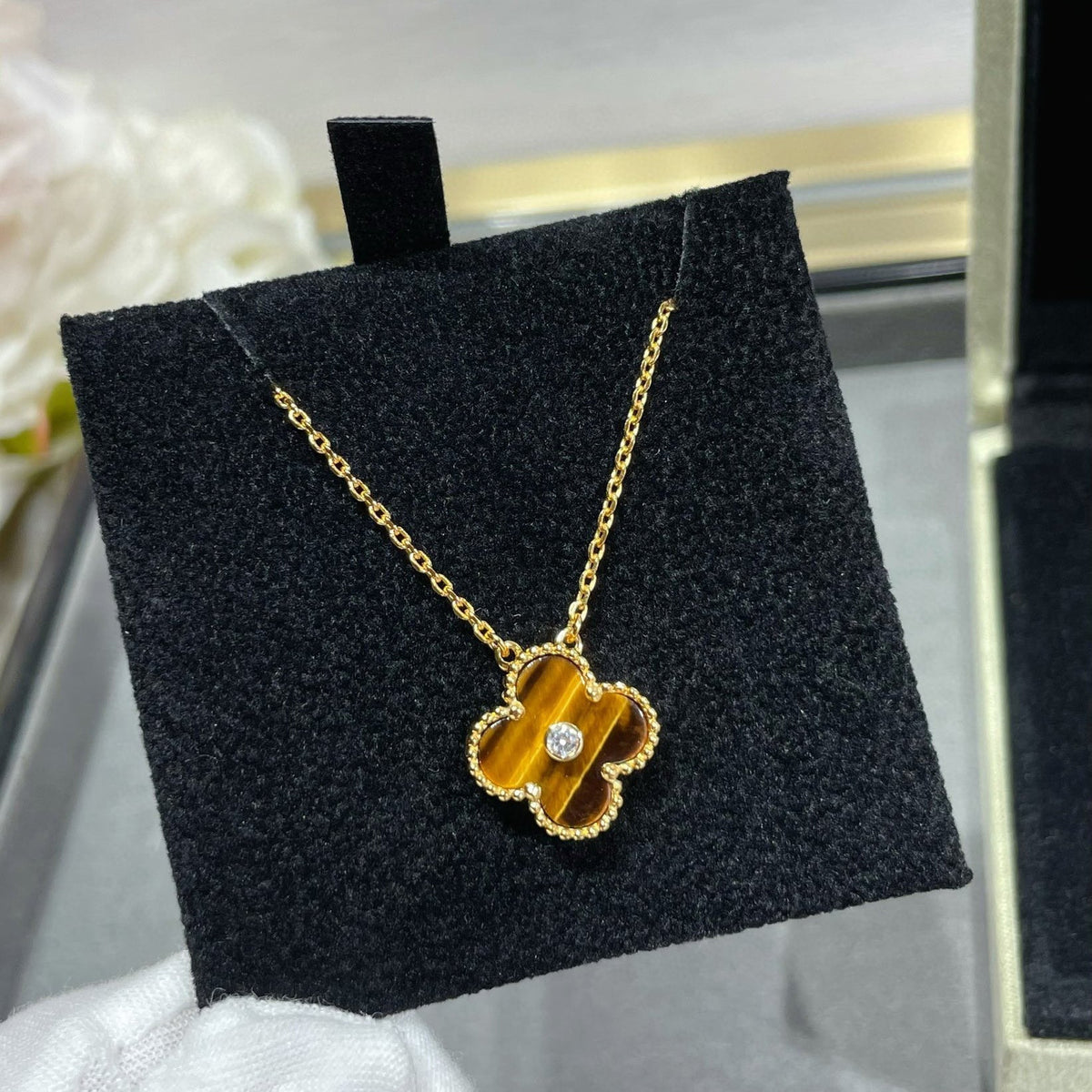 [⭐Shinejoy]CLOVER 15MM DIAMOND AND YELLOW TIGER'S EYE AGATE necklace