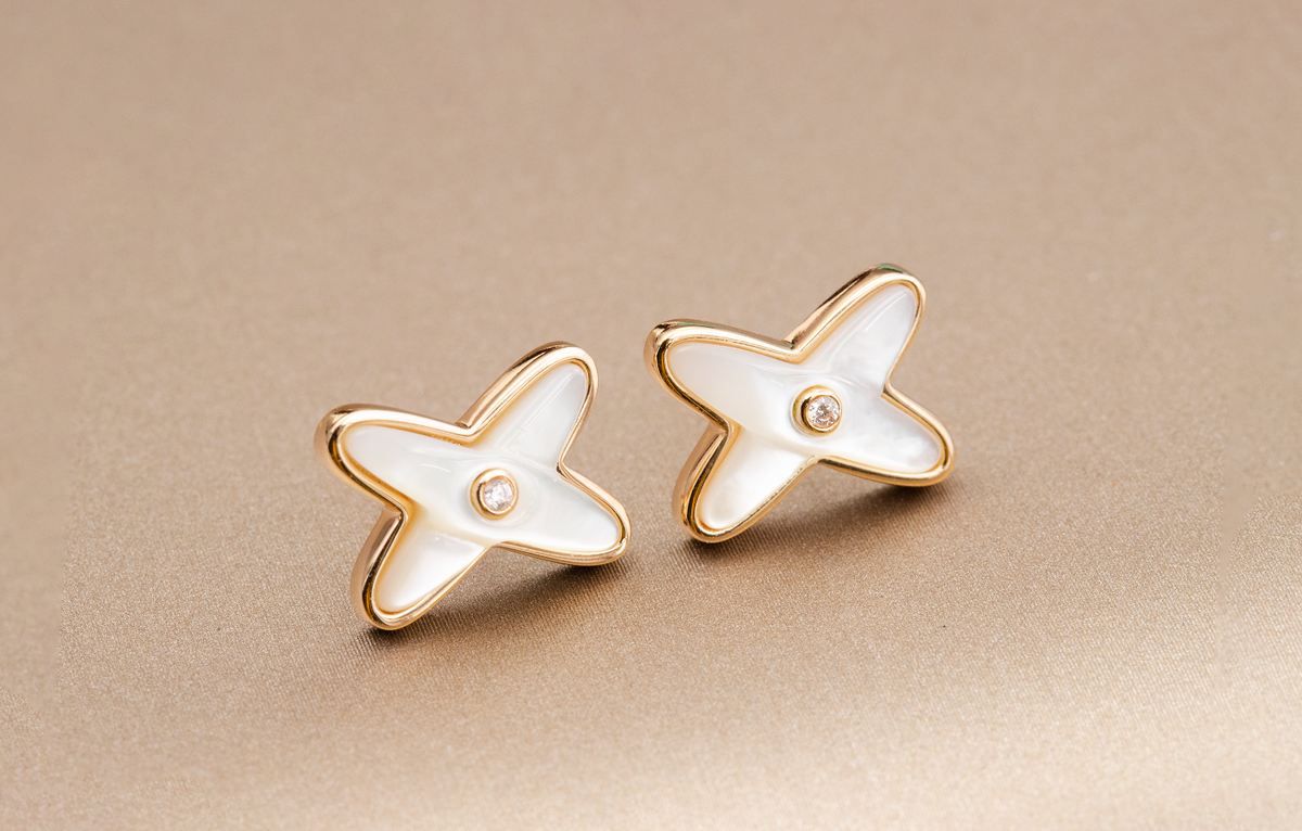 [⭐Shinejoy]JEUX DE WHITE MOP PINK GOLD DIAMOND EARRINGS