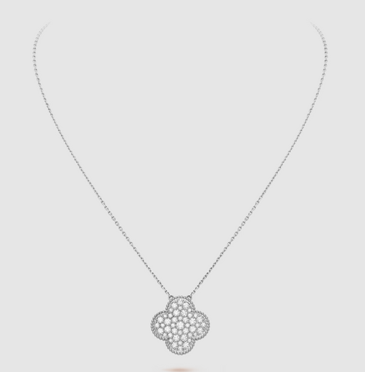 [⭐Shinejoy]CLOVER 25MM LARGE PENDANT DIAMOND PAVED SILVER NECKLACE