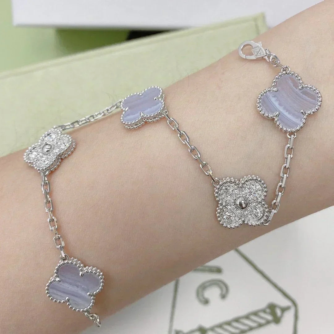 [⭐Shinejoy] CLOVER 5 MOTIF PURPLE CHALCEDONY BRACELET COLLECTION