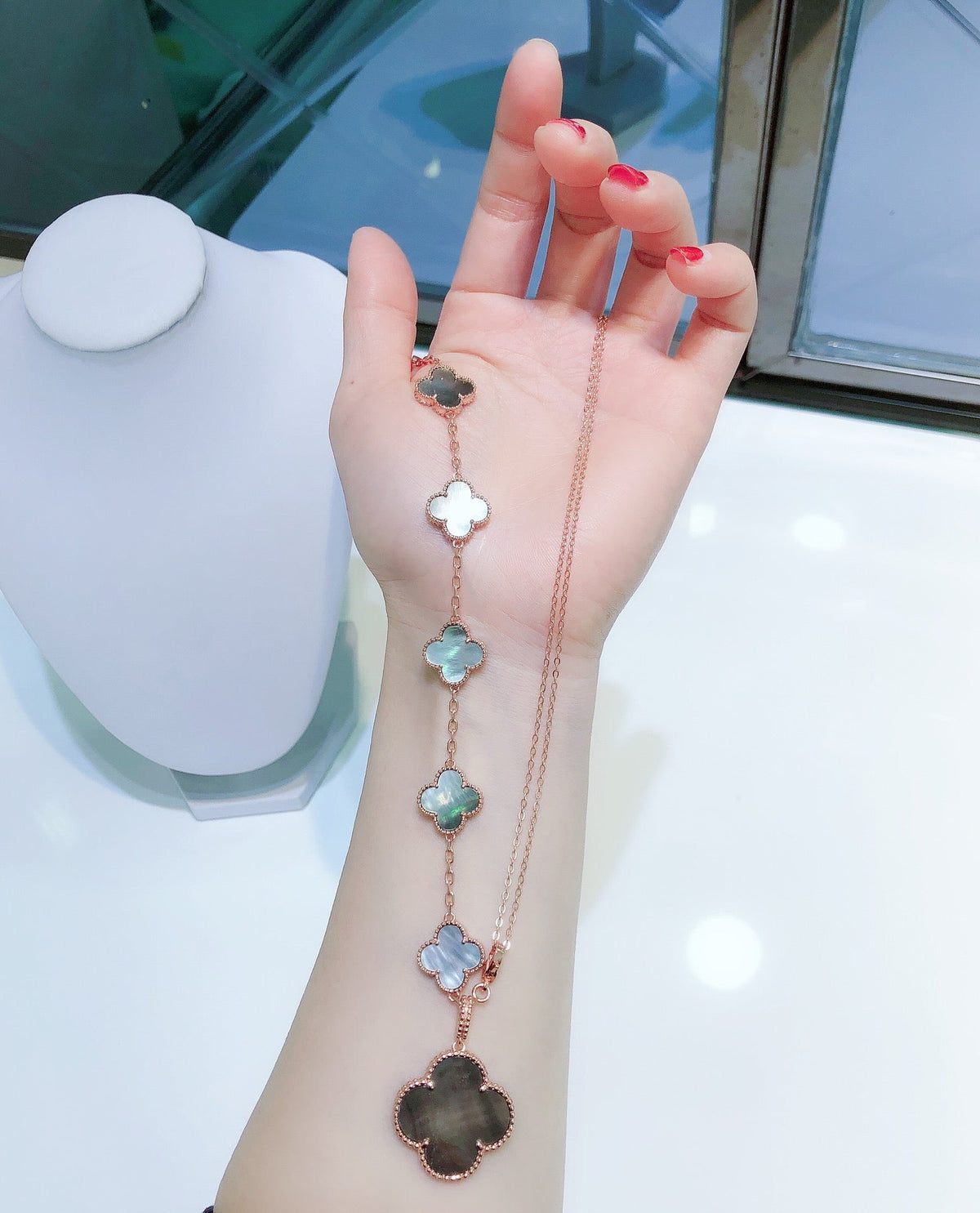 [⭐Shinejoy]COMBINED BRACELET 5 MOTIFS AND NECKLACE DARK MOP ROSE GOLD