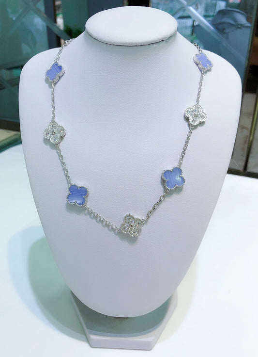 [⭐Shinejoy]CLOVER 10 MOTIFS CHALCEDONY DIAMONDS SILVER NECKLACE